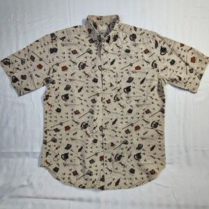 Bimini Bay Outfitters Mens Fly Fishing Print Short Sleeve Button Down Shirt Tan